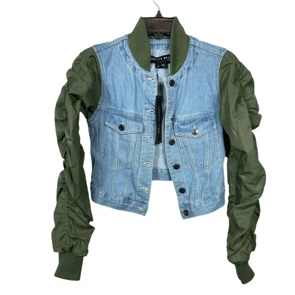 Veronica Beard Emelia Combo Jacket Size XS Denim Blue Green Puff Sleeve Ribbed